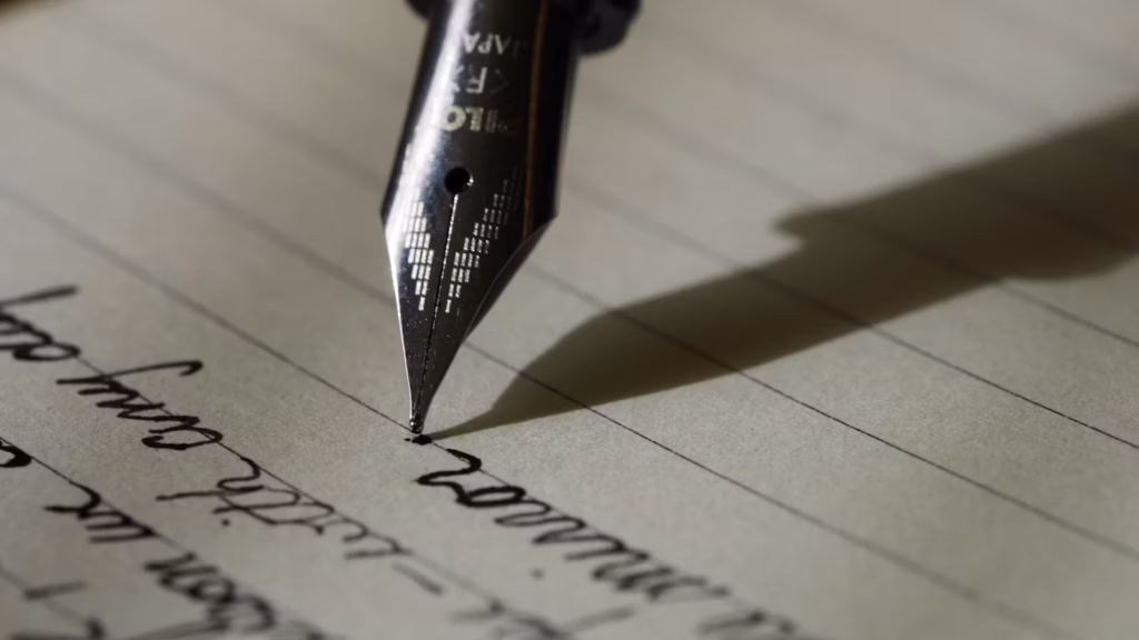 Lapicera fuente escribiendo sobre una hoja, símbolo del registro formal de una obra